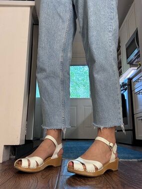 Swedish Hasbeens White Leather Ankle-Strap Clogs